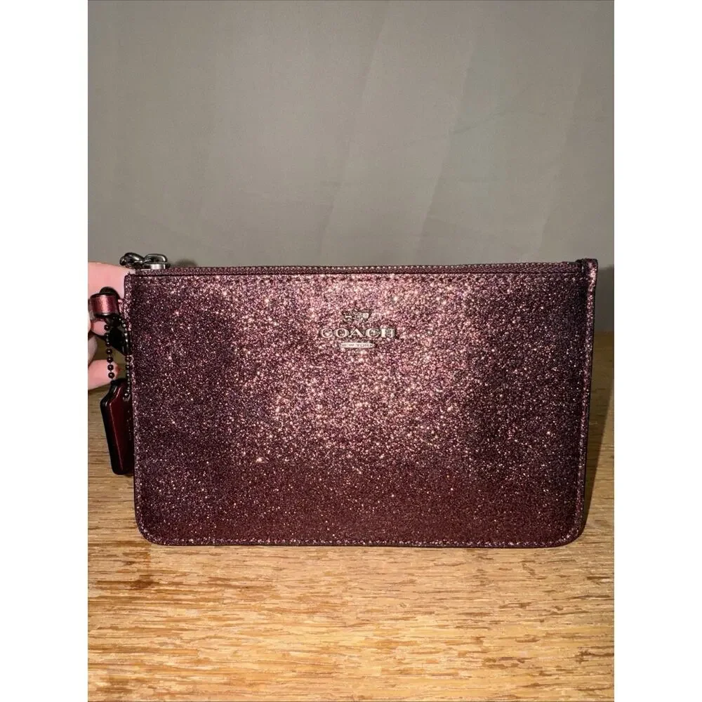 NWT Coach Glitter Small Wristlet Metallic Cherry Zip Pouch Clutch Wallet F64585